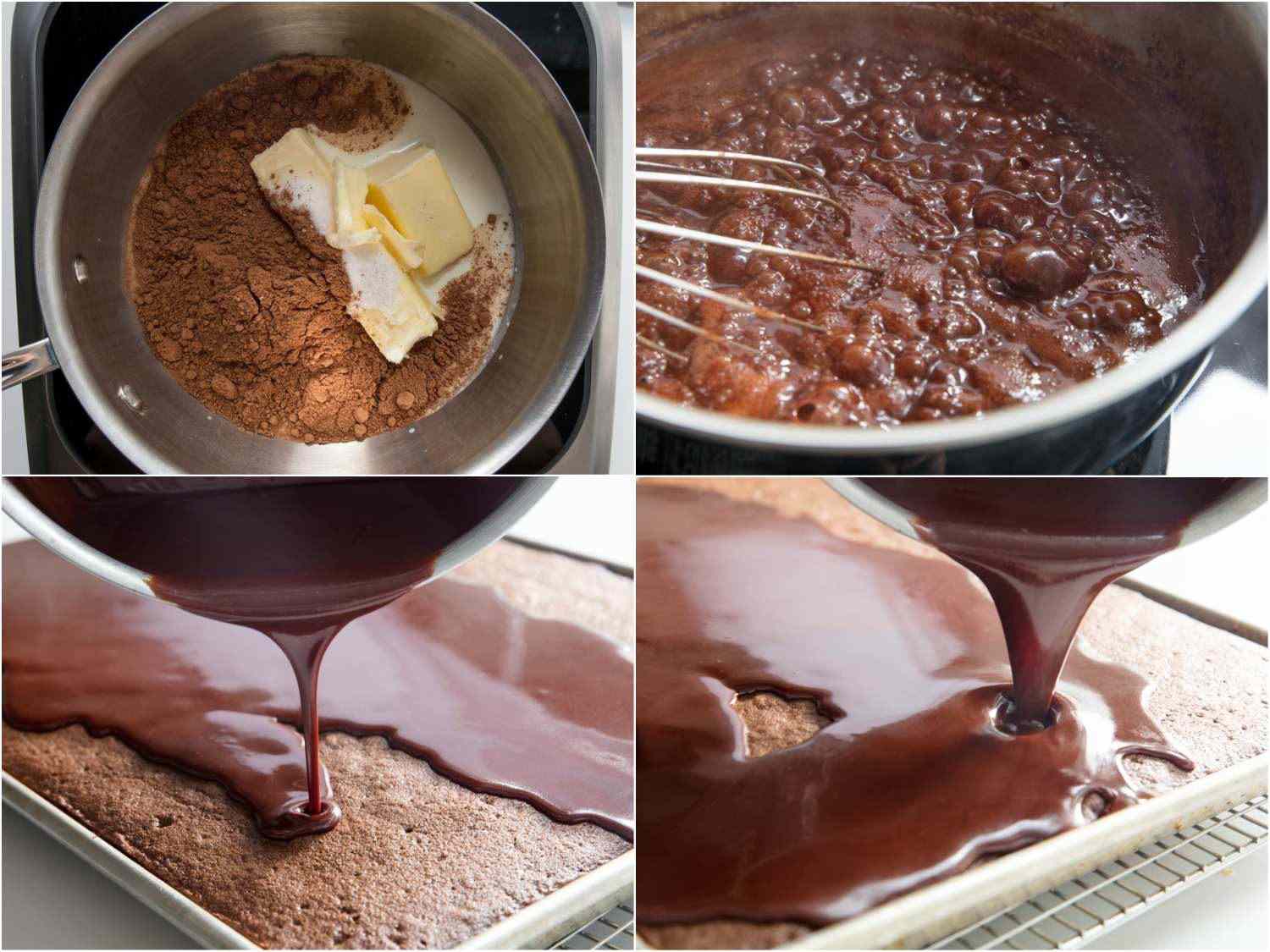 为德克萨斯薄片蛋糕制作釉料的照片拼贴:黄油、可可粉和牛奶在酱汁中;搅拌起泡釉料;在蛋糕上浇釉