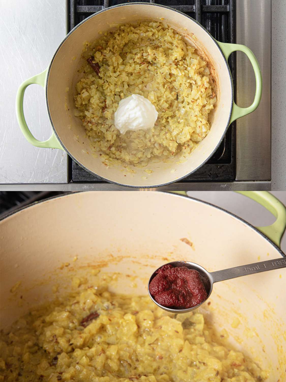 两幅图像拼贴。上图:荷兰烤箱中酸奶的俯视图。下图:即将加入的番茄酱的侧角图。