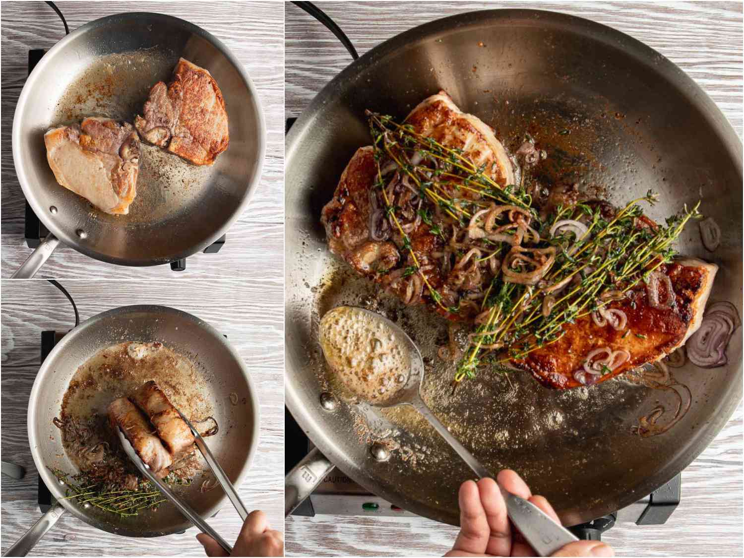 collage: pan-searing pork chops and basting with butter, oil and pan drippings