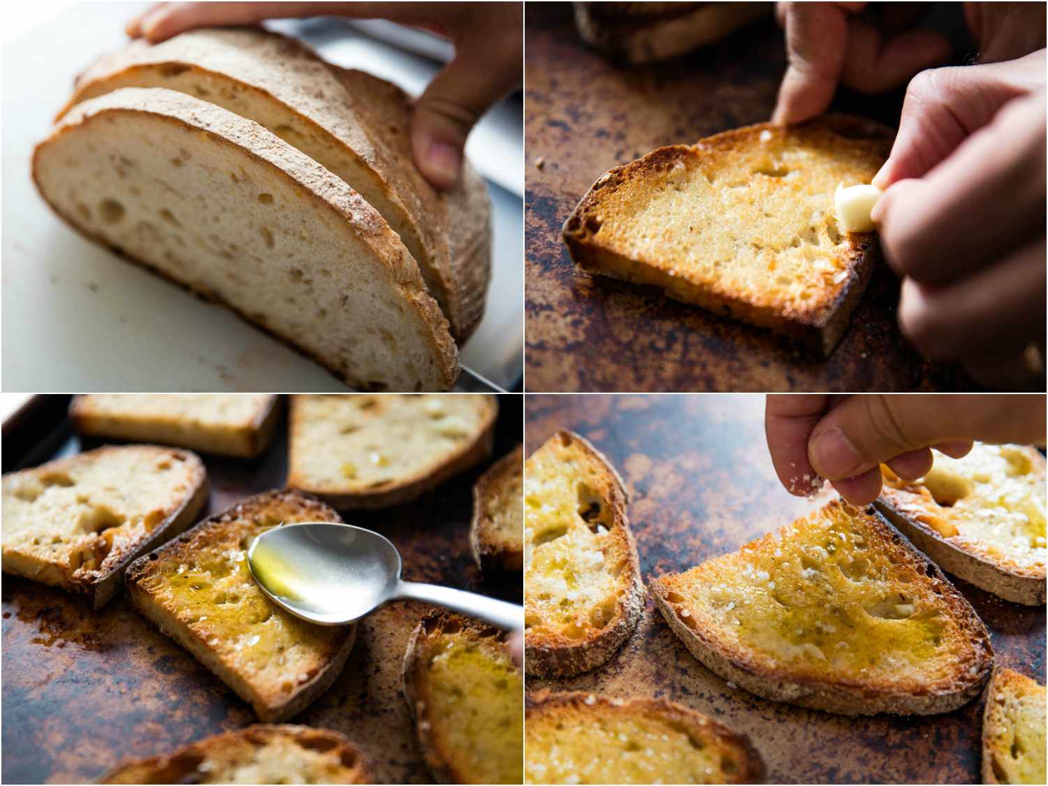 面包切片，烘烤，用蒜瓣摩擦，并淋上橄榄油和盐的拼贴画。gydF4y2Ba