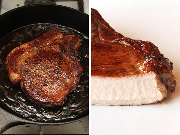 Collage of a deeply browned pork chop in a cast iron skillet, alongside a cross section of the cooked chop
