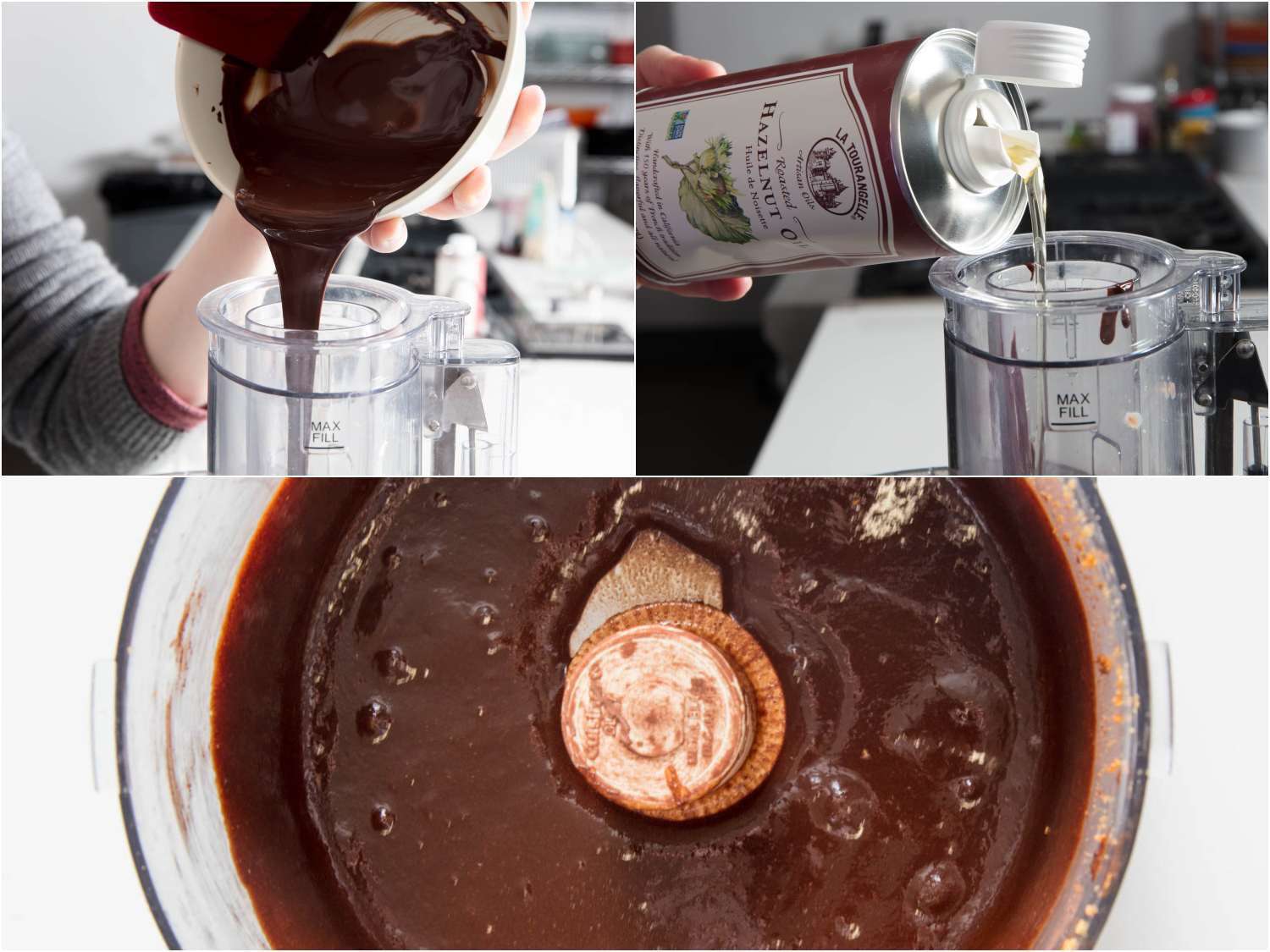 照片拼贴显示添加融化的巧克力和榛子油榛子脆膏自制nutella。