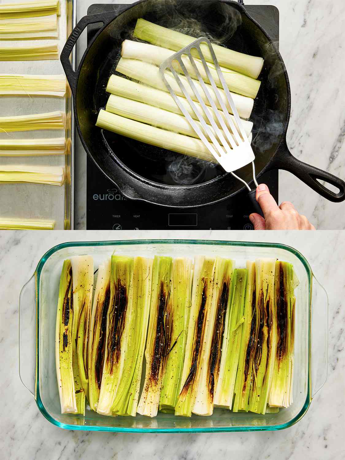 Two Image collage of leeks being pressed with a metal spatula into a hot cast iron skillet and then browned leeks being transferred to a pan.