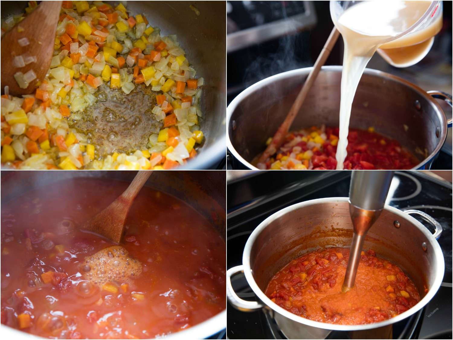 Collage of making tomato basil soup: sautéing vegetables in a pot, adding tomatoes and stock, stirring with a wooden soup, puréeing with an immersion blender
