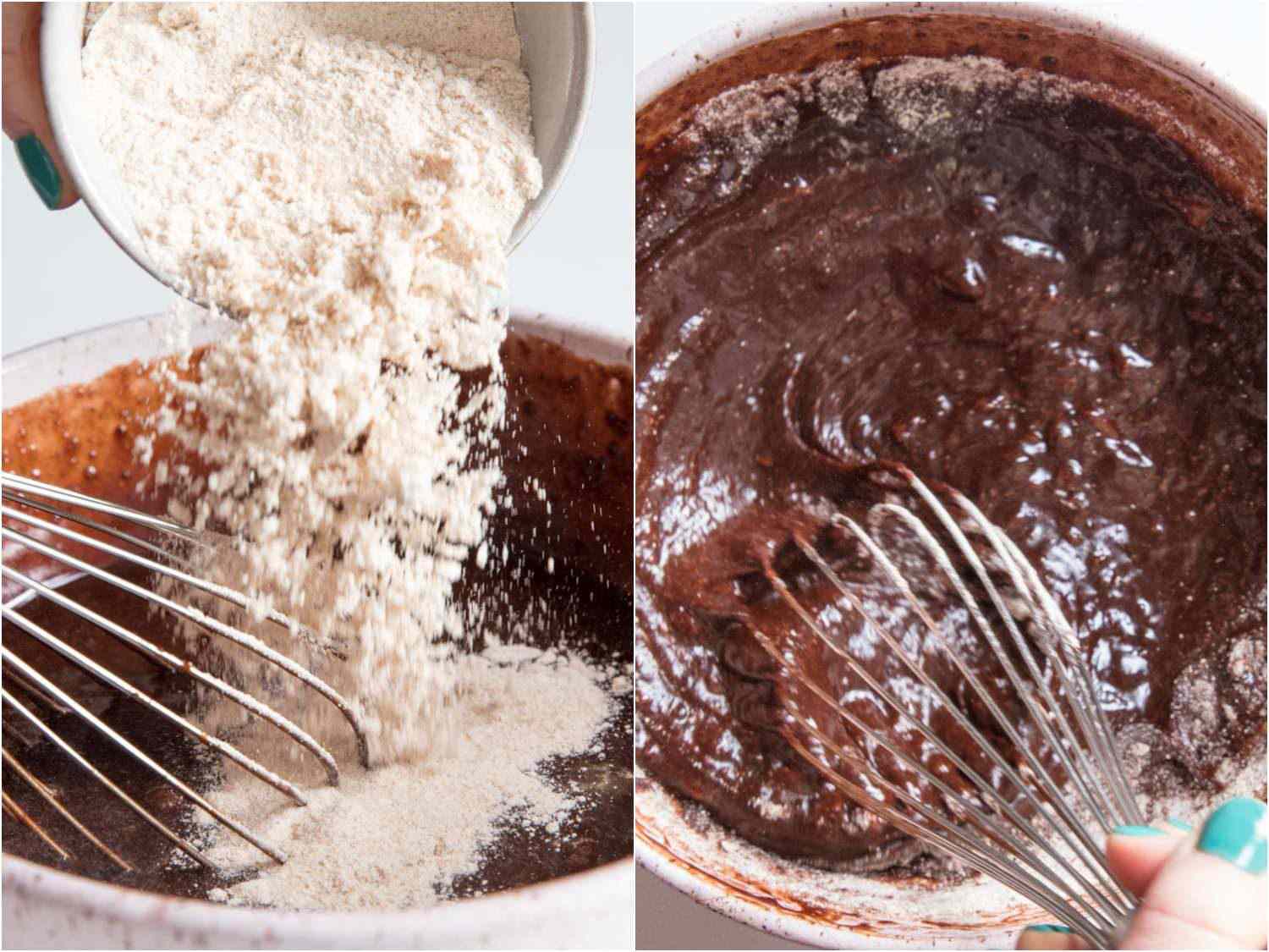 将全麦面粉搅拌成巧克力蛋糕面糊