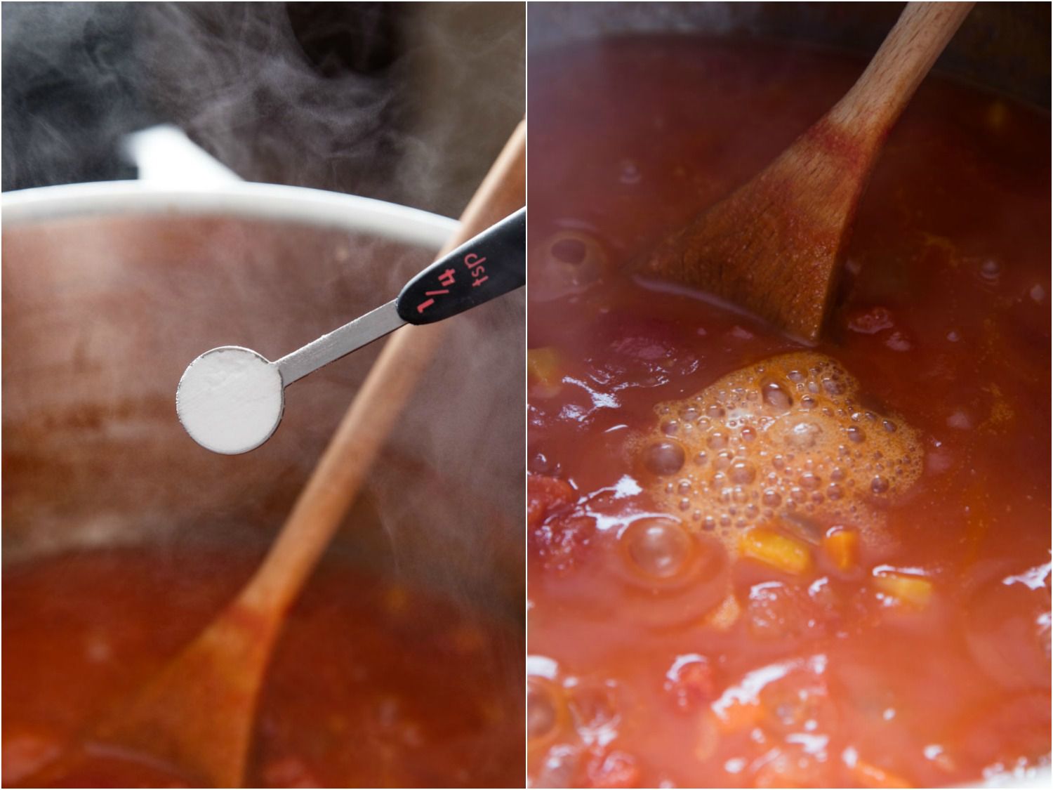 Collage of photos of making tomato soup: adding baking soda to reduce acidity, stirring bubbling soup with a wooden spoon