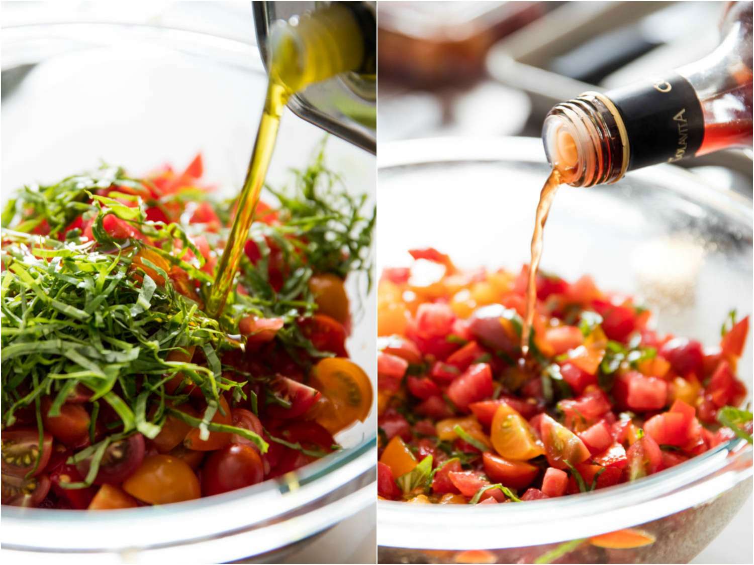 拼贴画展示了一碗用橄榄油和醋腌制的切片西红柿和罗勒丝。gydF4y2Ba