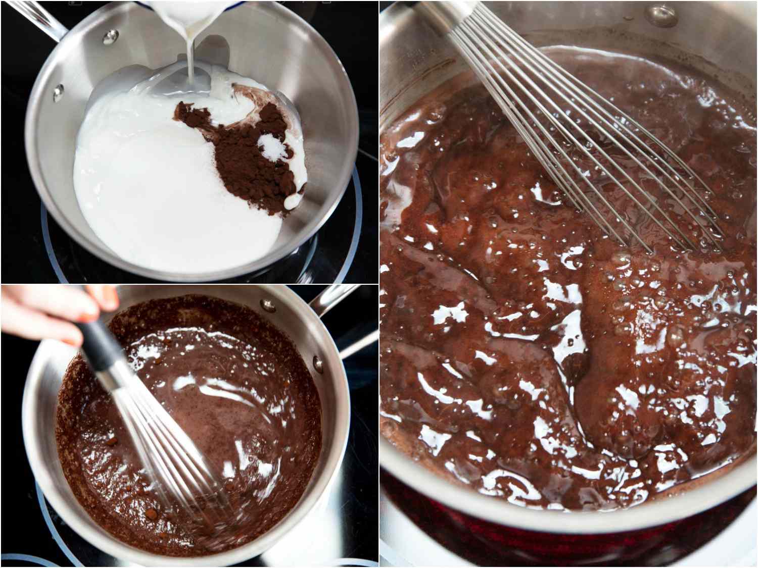 Collage of whisking together milk, sugar, cocoa, etc. and cooking until thick and bubbly.