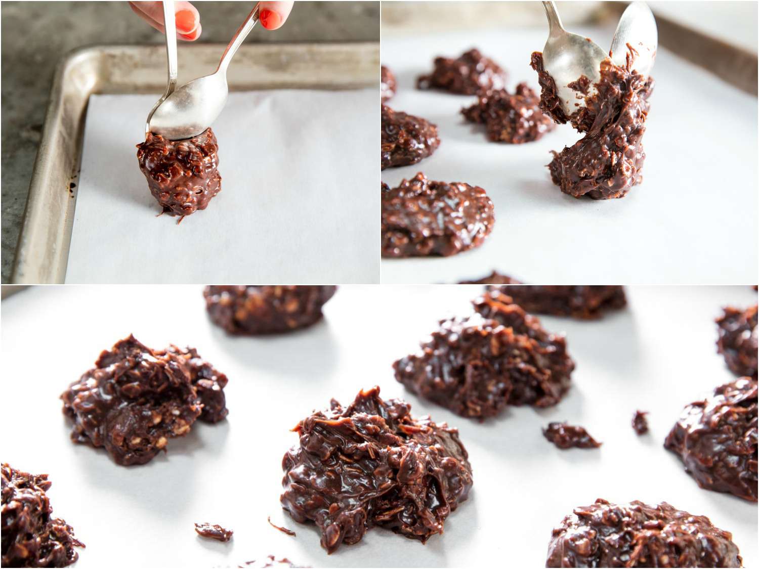 A collage of the no-bake cookie mixture being scooped and placed on a parchment-lined baking sheet.