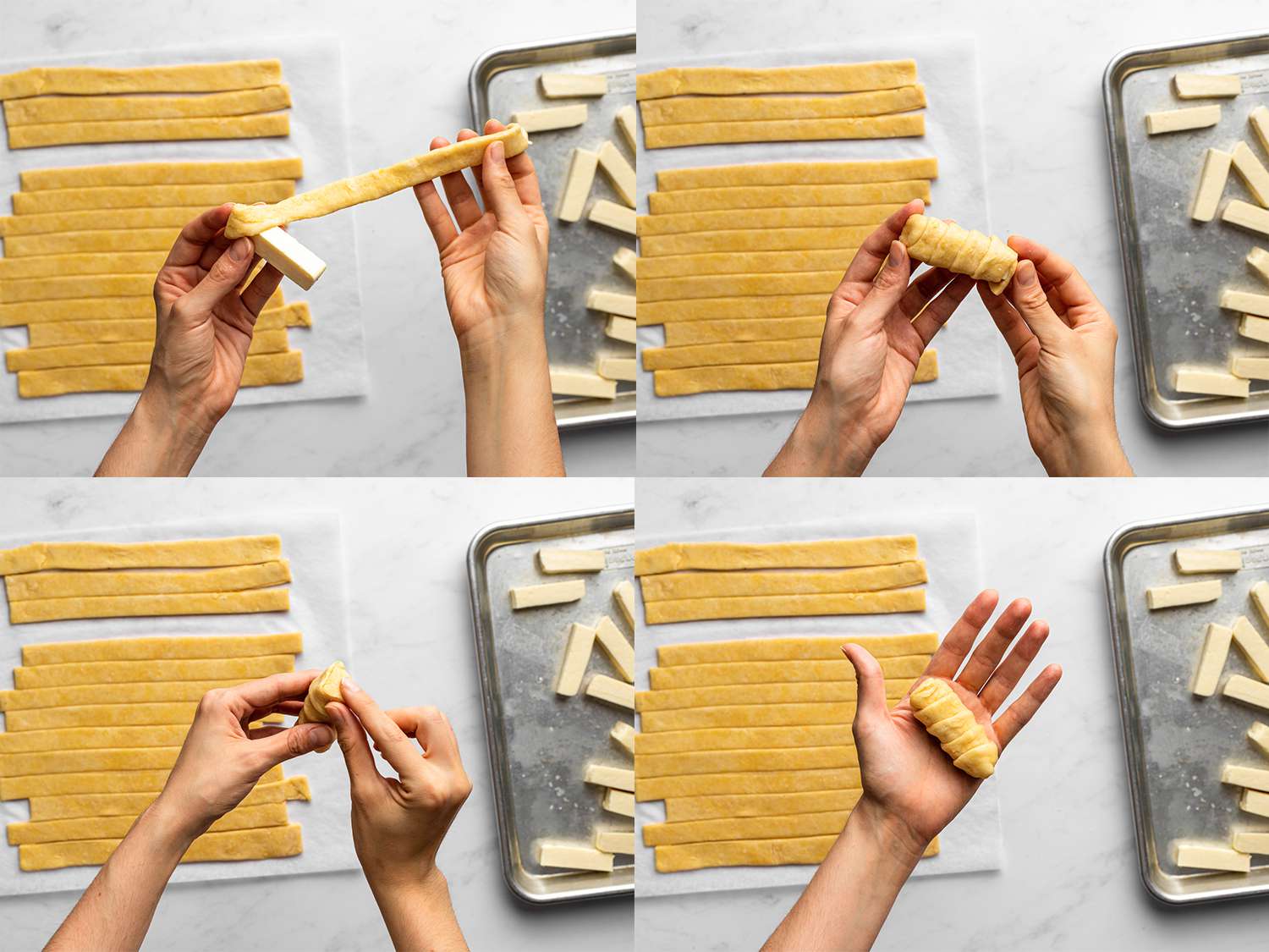 一幅四幅图片的拼贴画，展示了一块奶酪被一条切好的面团包裹着。