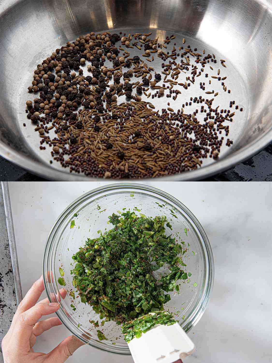 Two image collage of spices being tossed and then mixed into herb dressing