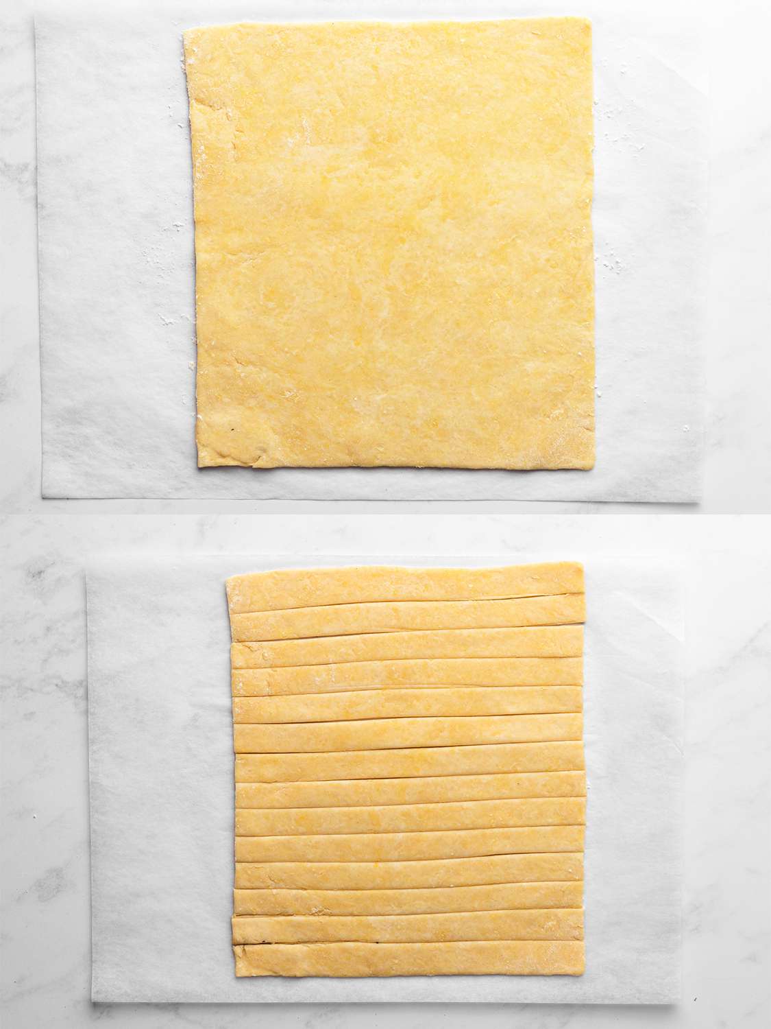 垂直的两幅图像拼贴。上图显示的是在羊皮纸上擀出的方形面团。下图显示的是同样的面团，但切成条状。
