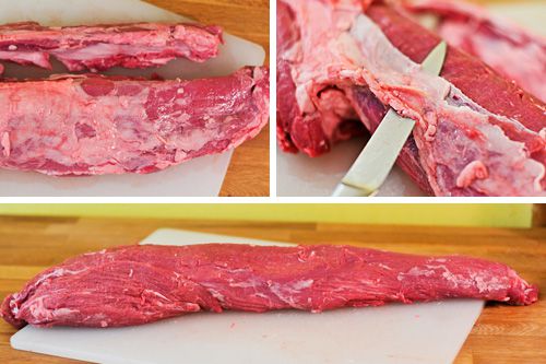 Collage of beef tenderloin being trimmed of fat and silverskin.