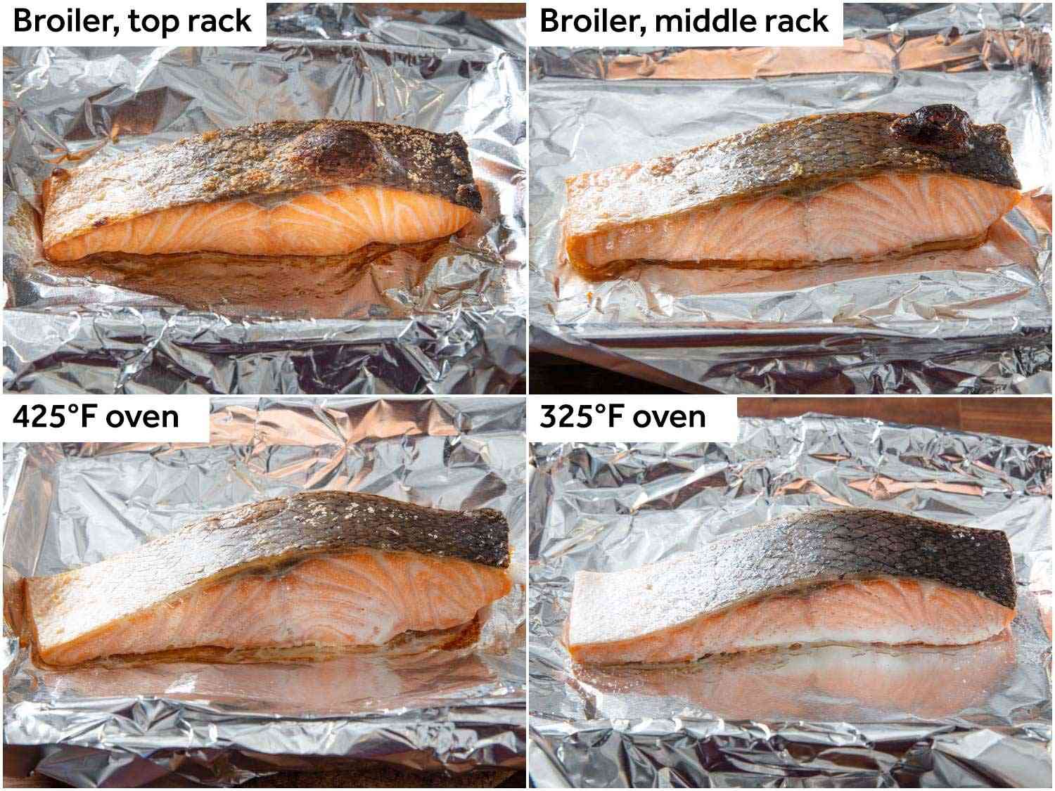 一幅拼贴画，展示了在不同烤箱温度下烹饪的鲑鱼，有和没有烤箱