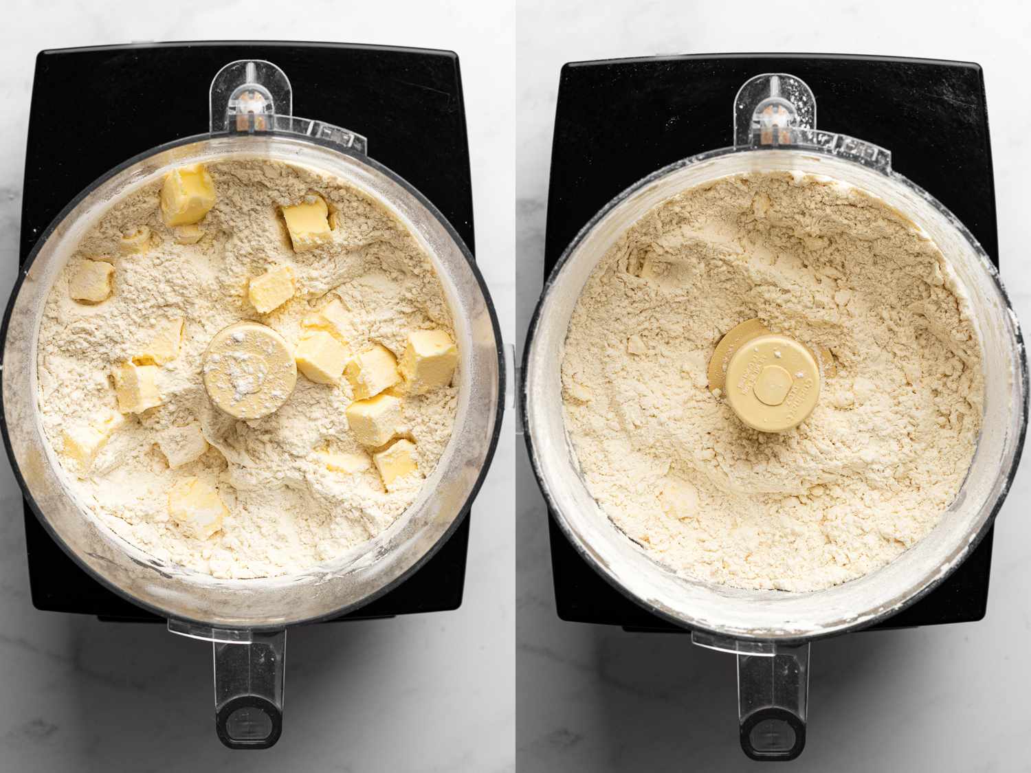 两幅图像的拼贴画。左图显示的是一个黑色食品加工机里的面粉和大块黄油。右图显示了面粉和黄油现在加工成它，仍然在食品加工机。