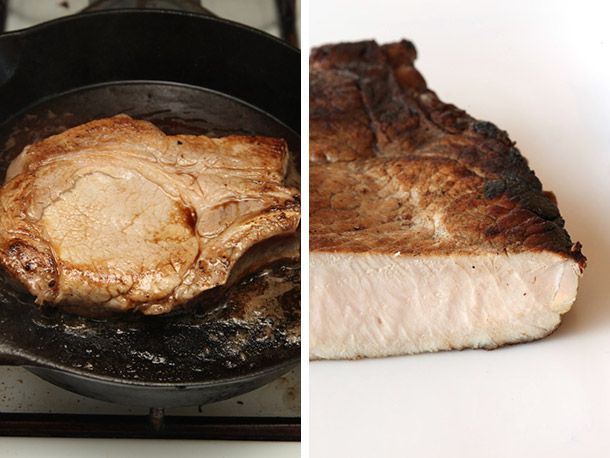 Collage of a pale pork chop releasing liquid as it sears in a cast iron pan and a cross-section of the cooked chop