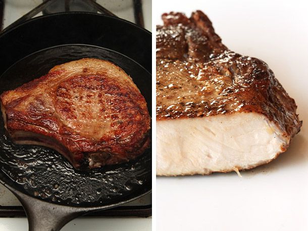 Collage of deeply browned dry-brined pork chop searing in a cast iron skillet, alongside a cross-section of the cooked chop's juicy interior.