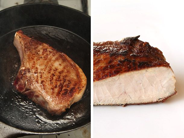 Collage of sous-vide pork chop browning in a cast iron pan, alongside a cross section of the cooked chop.