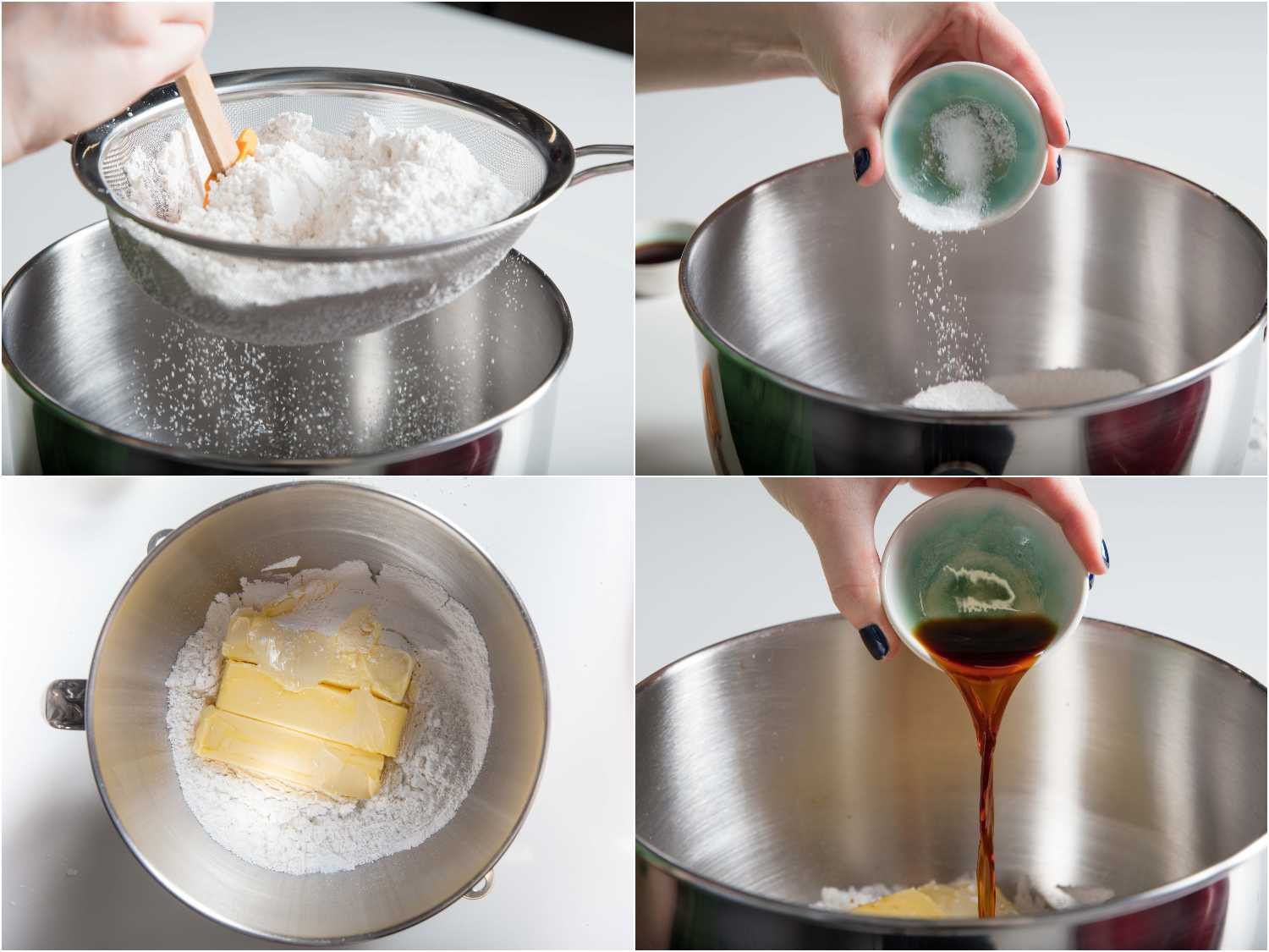在美式奶油搅拌器的碗里筛糖粉，加入盐，黄油和香草精的拼贴画gydF4y2Ba