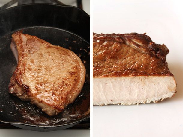 Collage of pork chop searing in a cast iron pan and a cross-section of the chop showing a distinct rim of overcooked meat