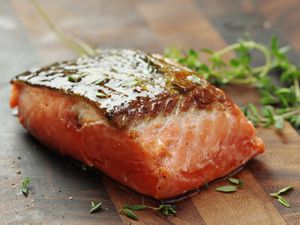 A skin-on salmon fillet that has been cooked sous vide and then seared.