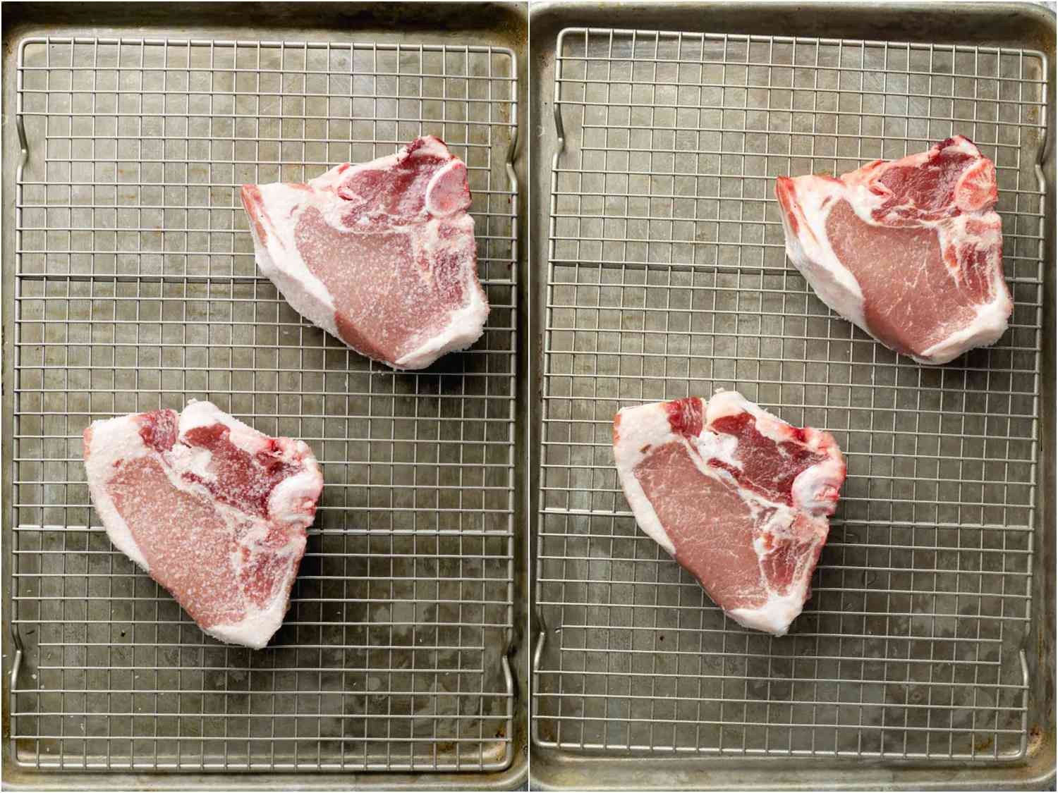 collage: pork chops seasoned with salt and sugar brine; pork chops after 8 hours of brining