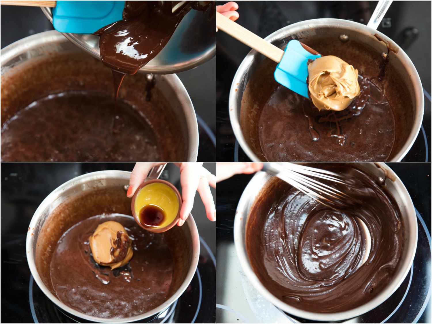 Collage of stirring in melted chocolate, peanut butter, and vanilla extract.