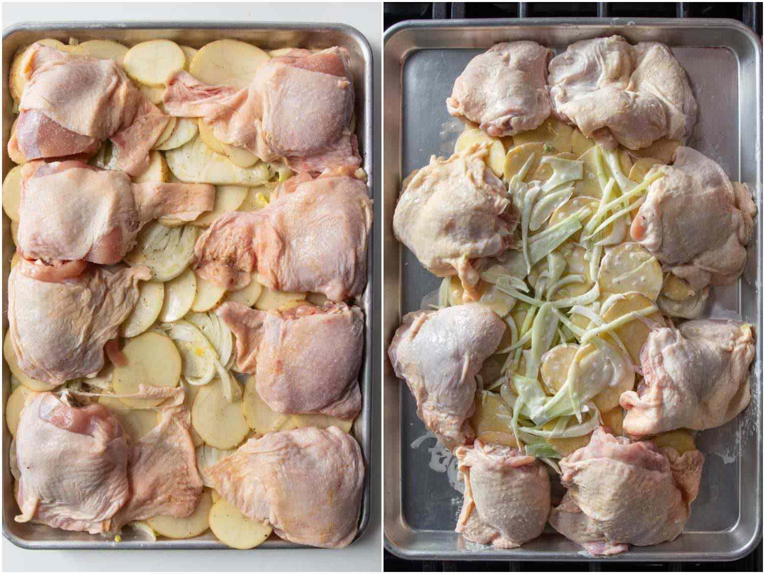 在托盘上放置鸡肉和蔬菜的两种方式的比较:左图，蔬菜均匀地铺在一层，鸡肉放在上面。在右边，鸡肉还是围绕着四周，但蔬菜堆在中间。