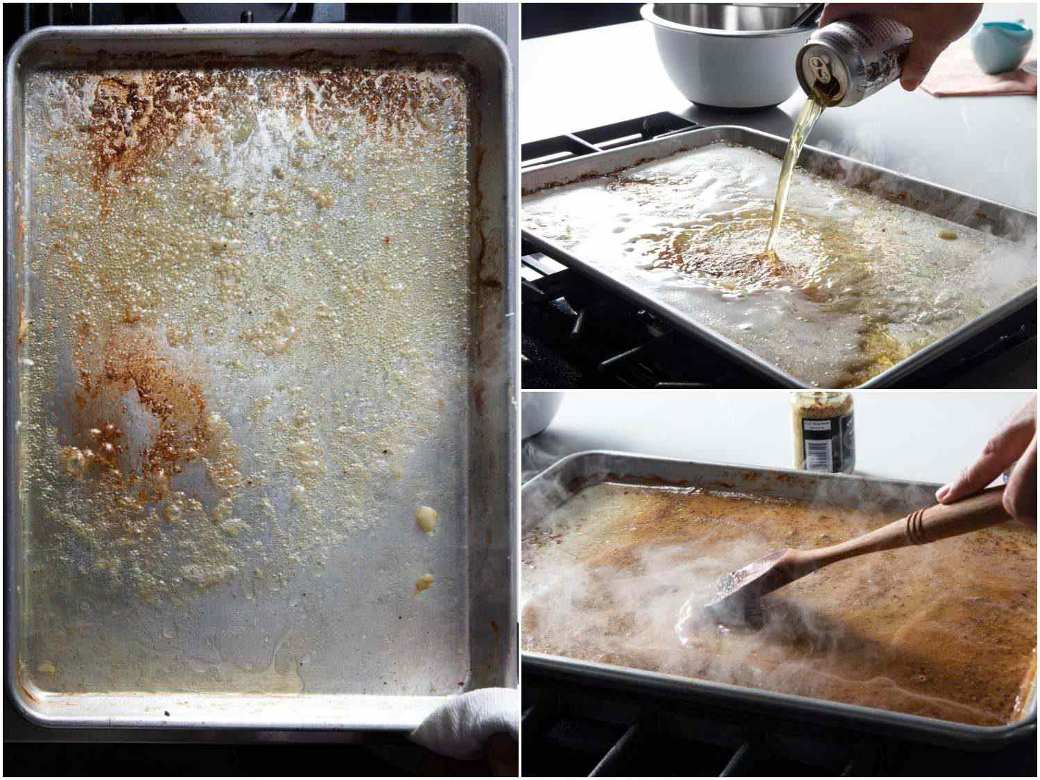 酱汁制作过程图片拼贴:将烤盘上剩余的汁液煎成褐色，然后用啤酒去釉，最后加入芥末搅拌