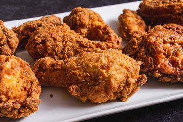 A platter of buttermilk-brined southern fried chicken.