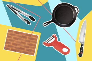 不同产品(木制砧板、钳子、厨刀)在彩色背景下的拼贴画