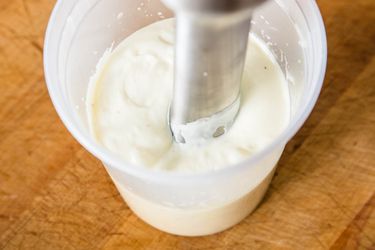 Using an immersion blender to make mayonnaise in a plastic container