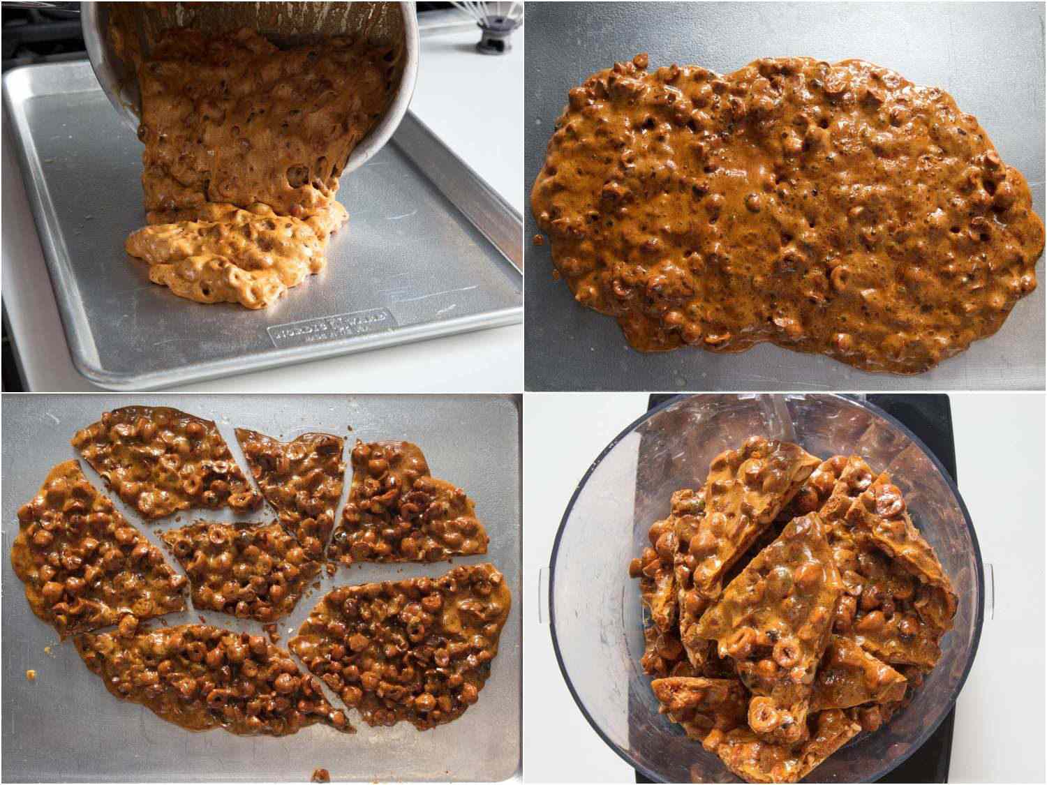 照片拼贴展示了把热的榛子脆混合物倒在一个涂了油的平底锅上，让它冷却，把它弄成碎片，然后把它放入食品加工机。
