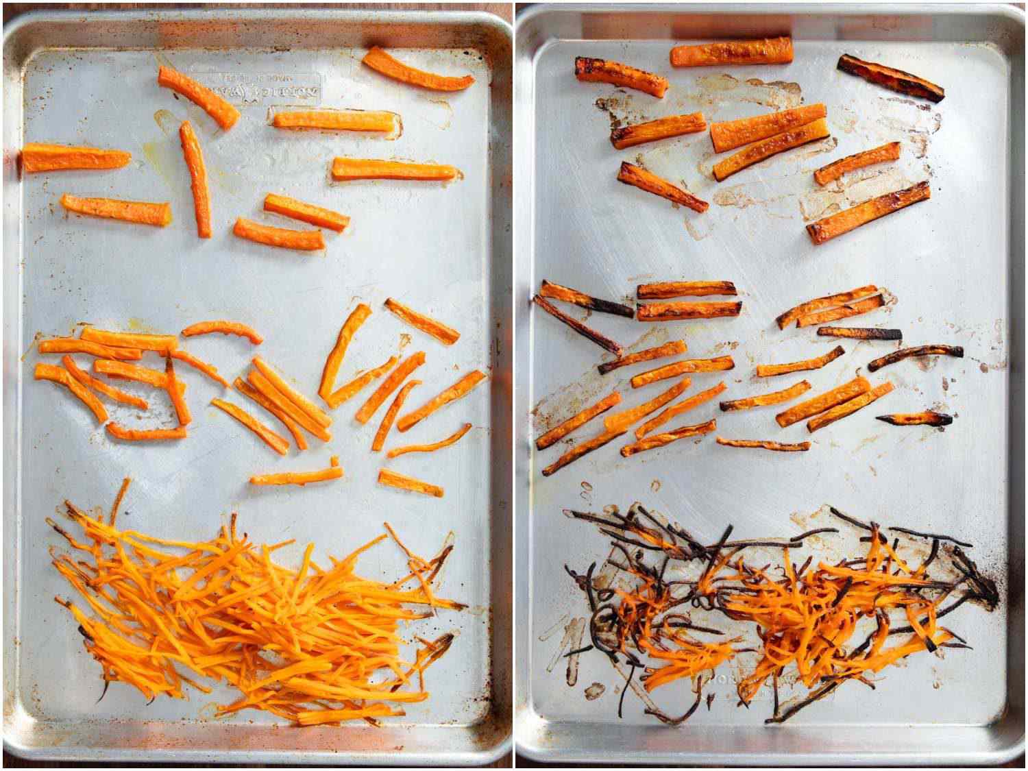 胡萝卜切成不同大小，但在同一烤箱，在同一温度下烹饪的比较。小的烧焦了，大的还没烧焦。