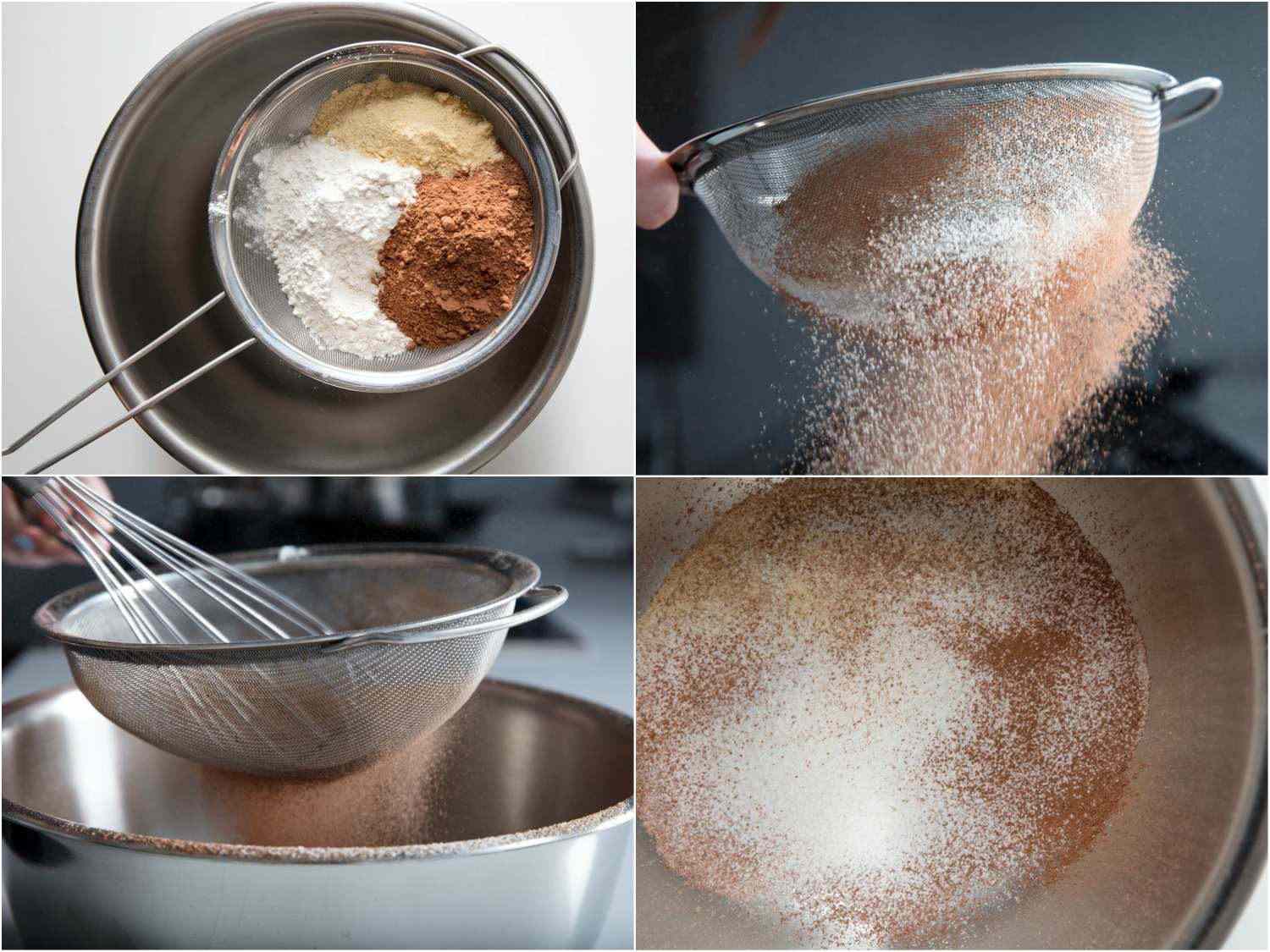 拼贴的照片，一起筛选干原料(可可，面粉和麦乳粉)为德克萨斯薄片蛋糕开云体育波胆