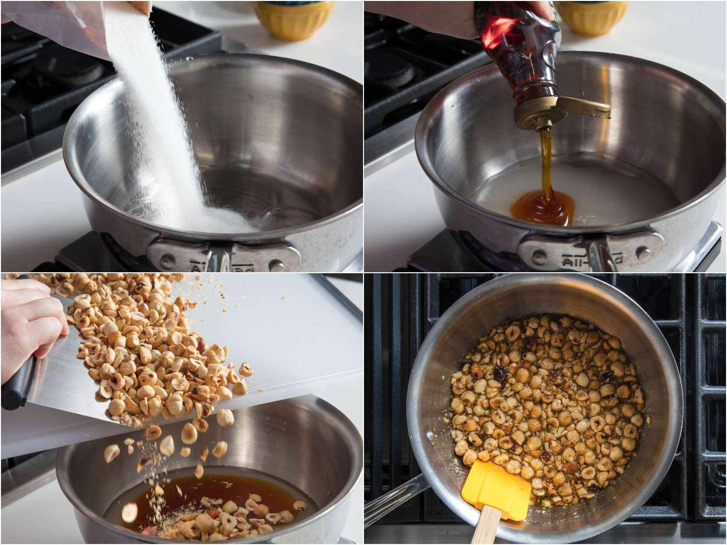 制作榛子脆饼的拼贴照片:在酱汁中加入糖和金色糖浆，加入切碎的榛子，烹饪至焦糖化。