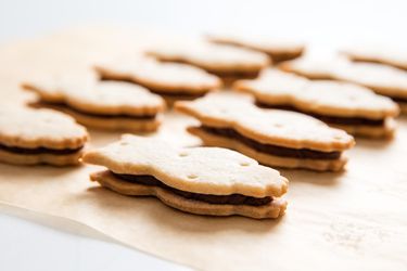 Two rows of fudge-filled, owl-shaped shortbread sandwich cookies on parchment paper.